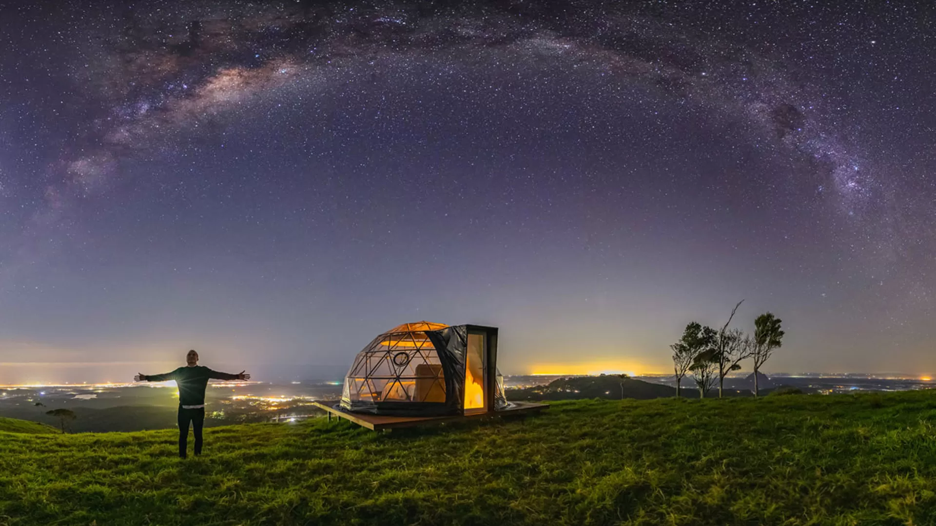 Geodesic dome accommodation under the Milky Way galaxy, ideal for a unique stargazing retreat on the Sunshine Coast.